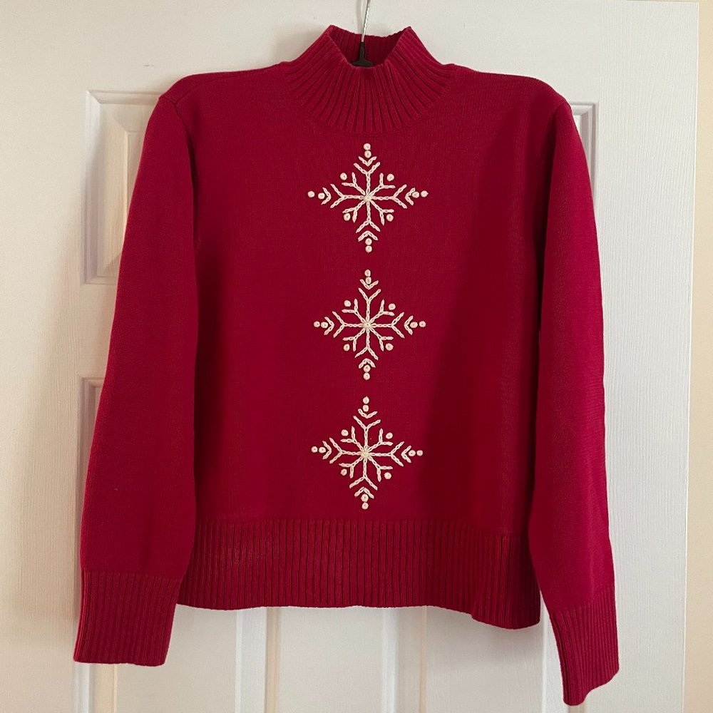 Talbots Long Sleeve Red Pullover Sweater w/Snowflakes (Size Medium)